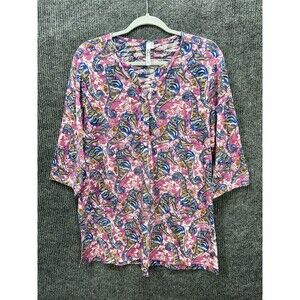 Lulu-B 3/4 Sleeve Henley Tunic Top Womens Large Pink Blue Seahorse V-Neck Beachy